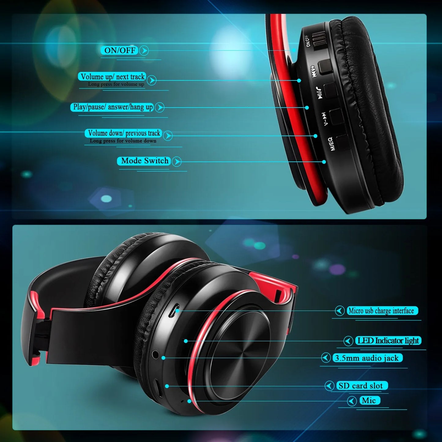 Foldable Original Wireless Headsets Bluetooth Headphones Stereo Sound Earphones with Mic and SD card slot