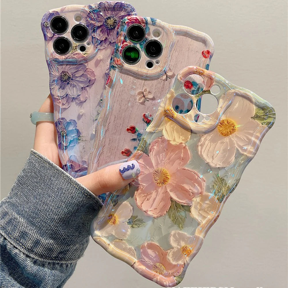 Retro Oil Painting Phone Case For iPhone Luxury Flower Print Shockproof Silicone Cover Artistic Decor