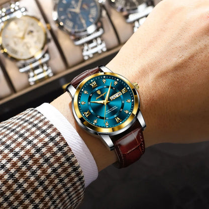 Luxury Man Wristwatch Waterproof Luminous Date Week Leather Watch For Men Sports Quartz