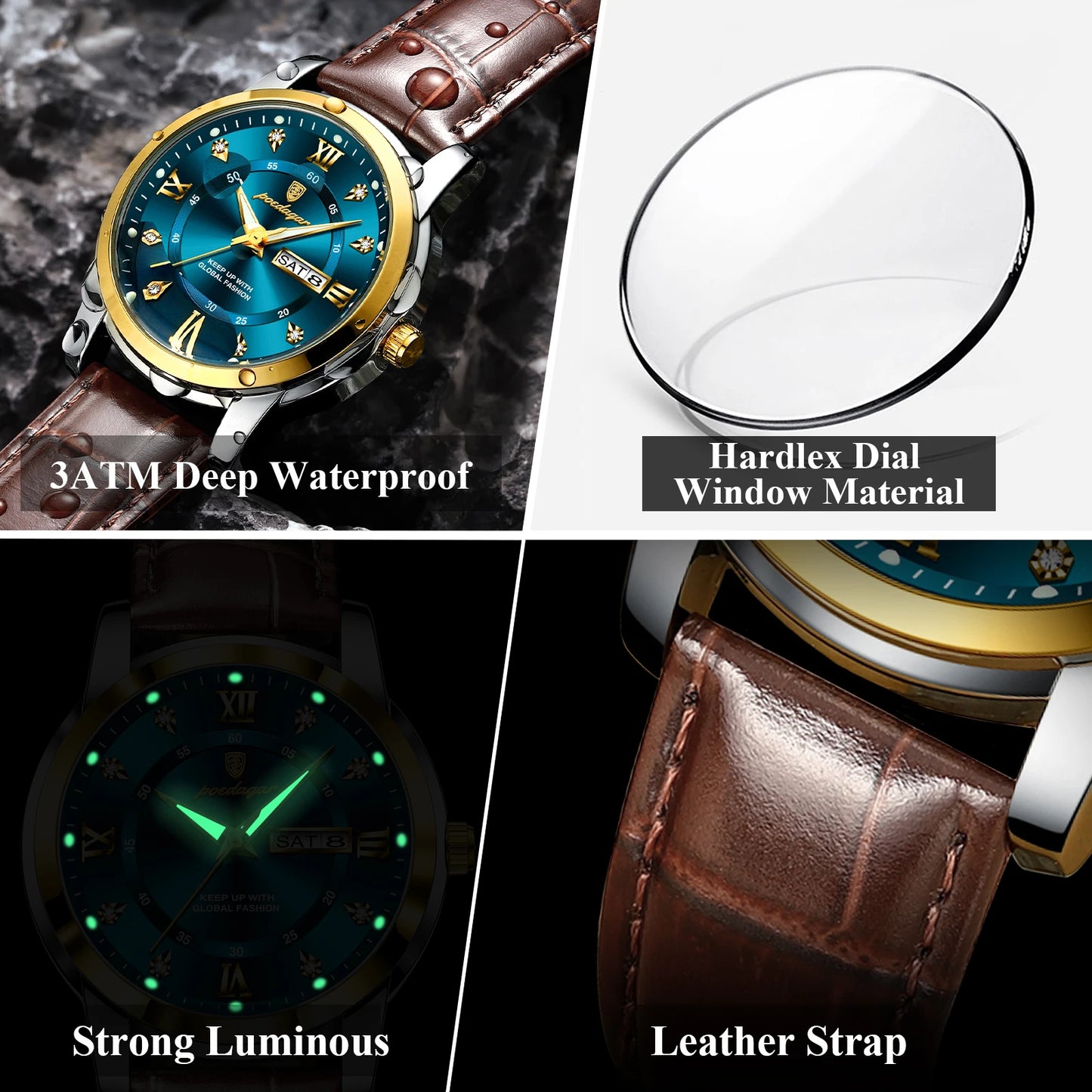 Luxury Man Wristwatch Waterproof Luminous Date Week Leather Watch For Men Sports Quartz