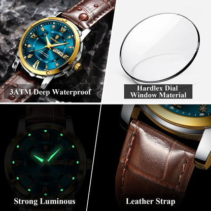 Luxury Man Wristwatch Waterproof Luminous Date Week Leather Watch For Men Sports Quartz